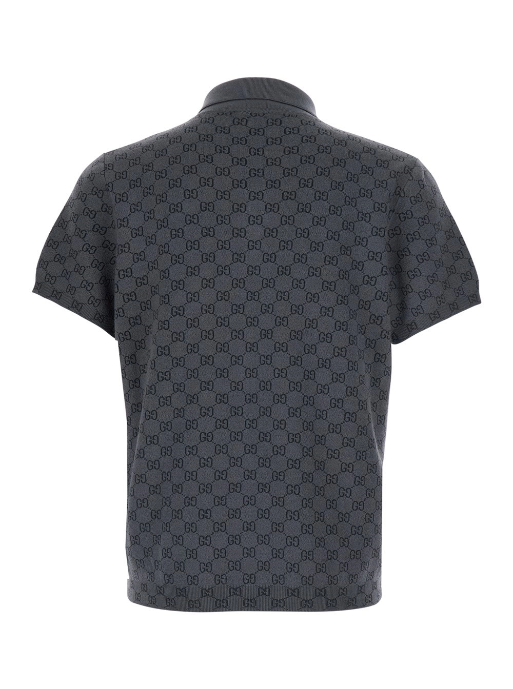 Gucci Polo con colletto classico e logo GG all-over in lana e seta grigia uomo, view 2