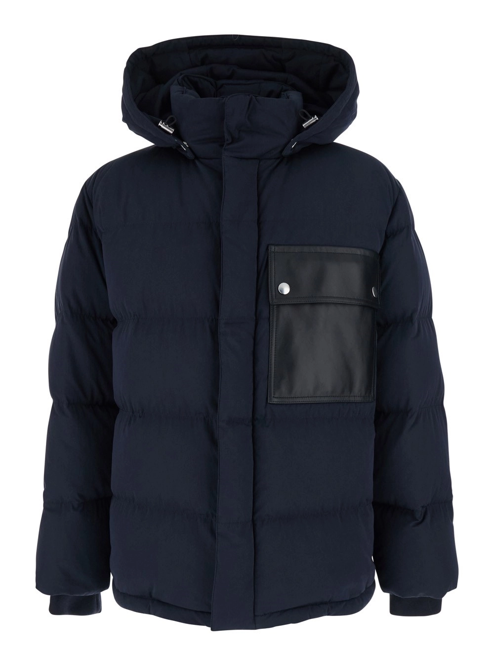 Bottega Veneta Piumino con cappuccio e toppe con motivo intrecciato in misto cotone blu uomo