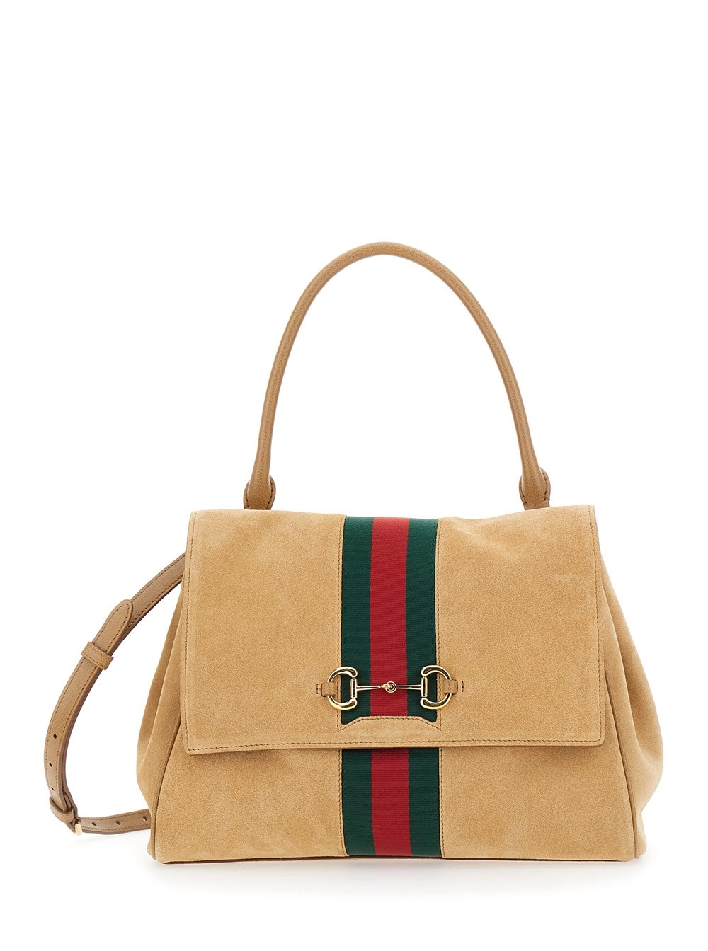 Gucci Borsa a Mano con Dettaglio Web e Placca Morsetto sul Fronte in Pelle Scamosciata Beige Donna