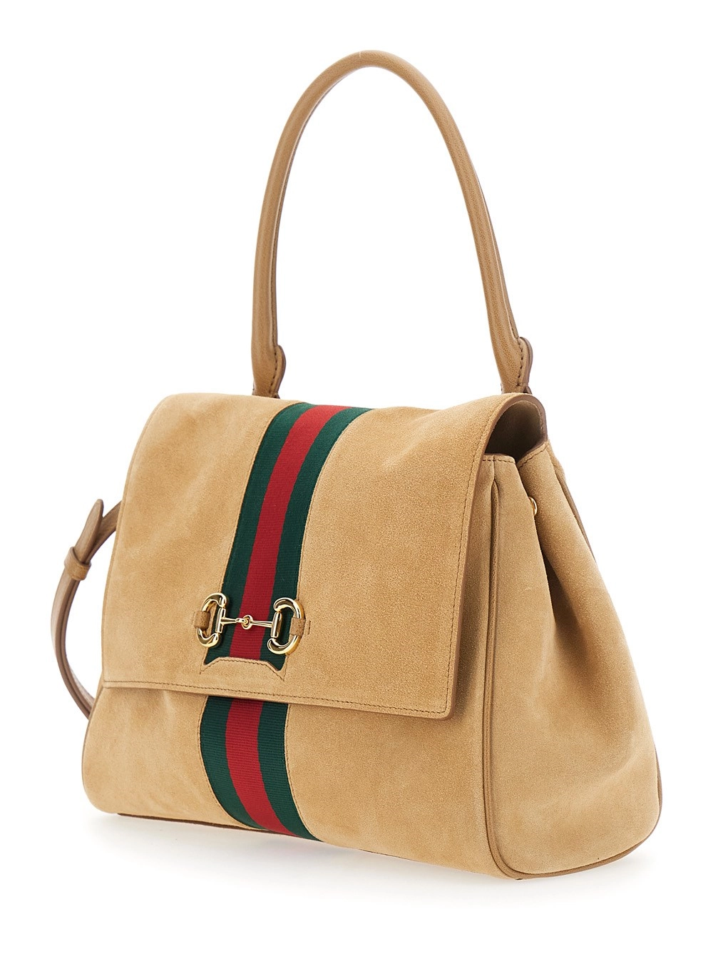 Gucci Borsa a Mano con Dettaglio Web e Placca Morsetto sul Fronte in Pelle Scamosciata Beige Donna, view 2