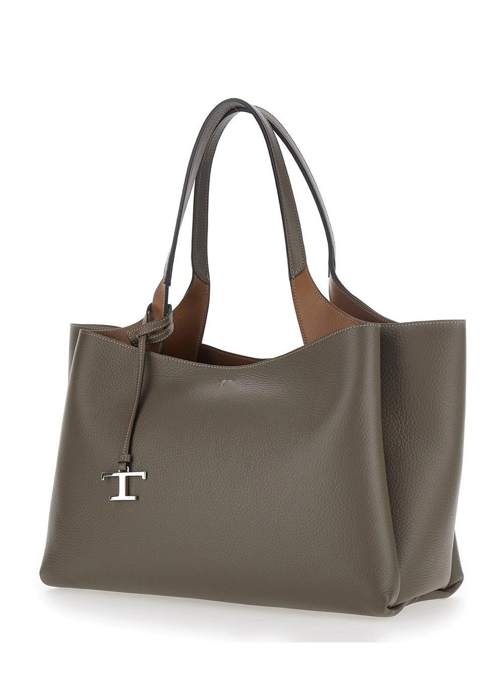 Tod's Borsa a mano media con pendente T metallico in pelle grigia donna, view 2