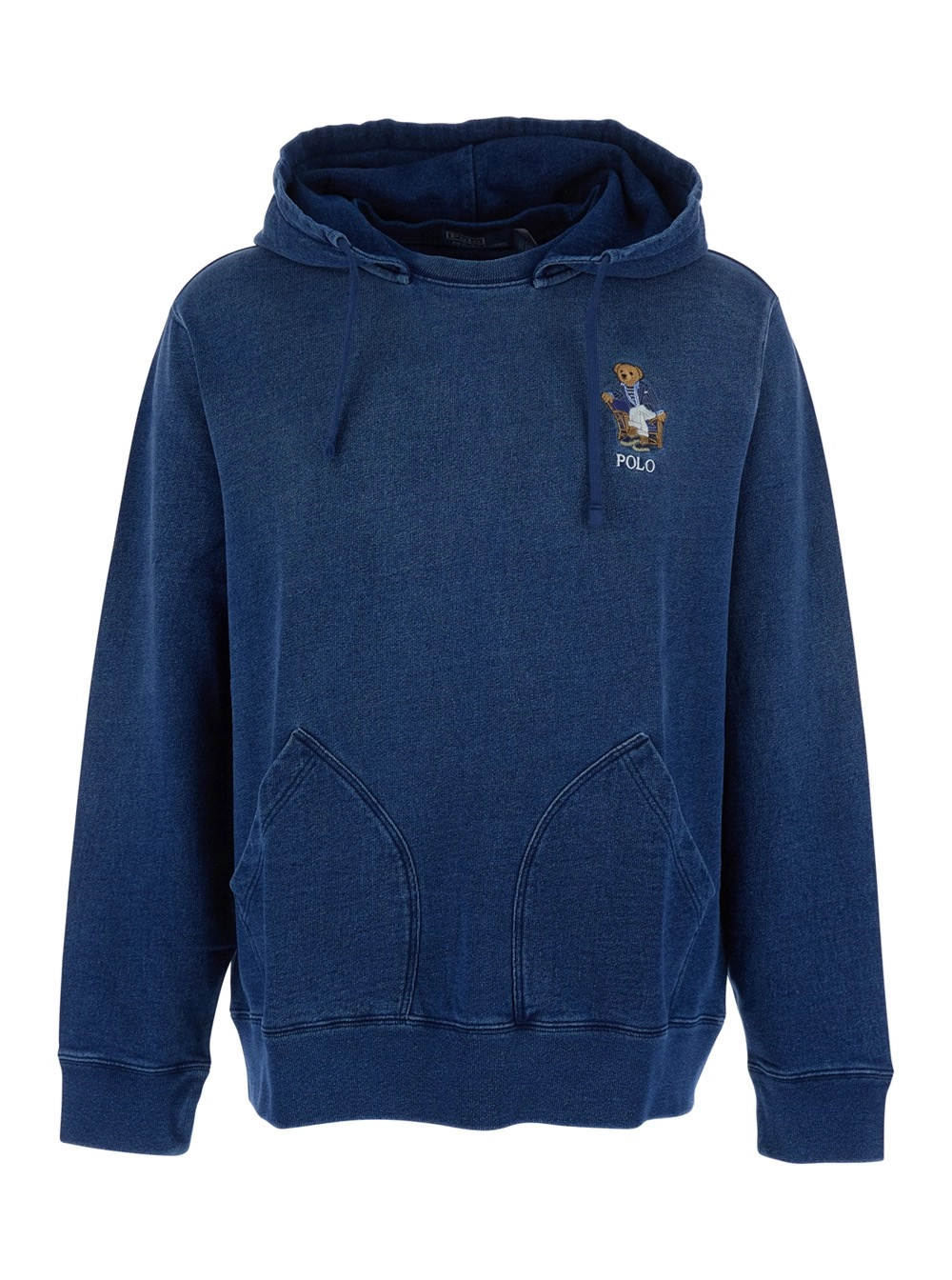Polo Ralph Lauren Felpa con cappuccio con coulisse e patch logo sul fonte in cotone effetto denim blu uomo