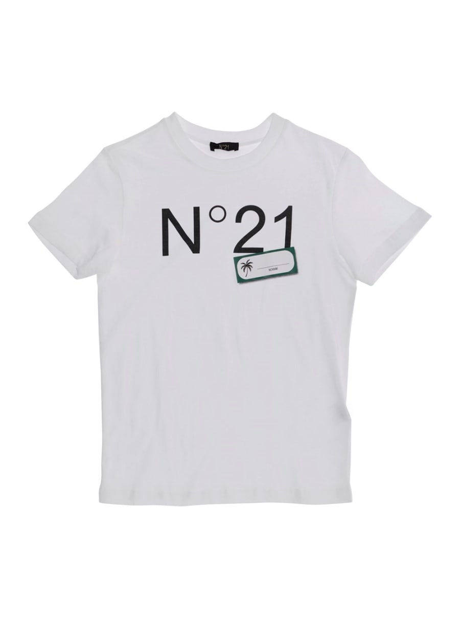N°21 kids T-Shirt Girocollo con Stampa Logo sul Fronte in Cotone Bianca Bambino