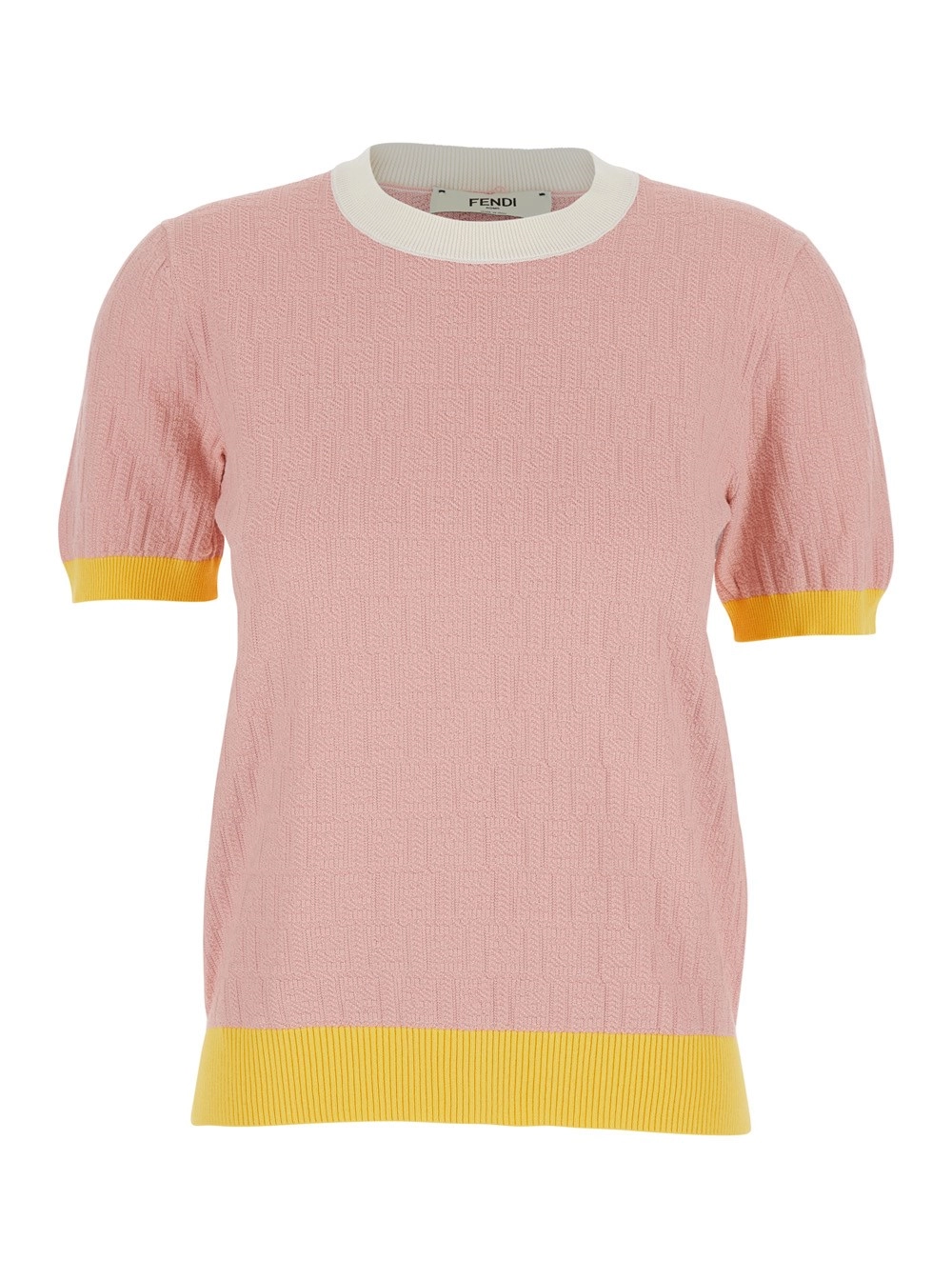 Fendi Tshirt Girocollo con Motivo FF All-Over in Cotone Rosa Donna