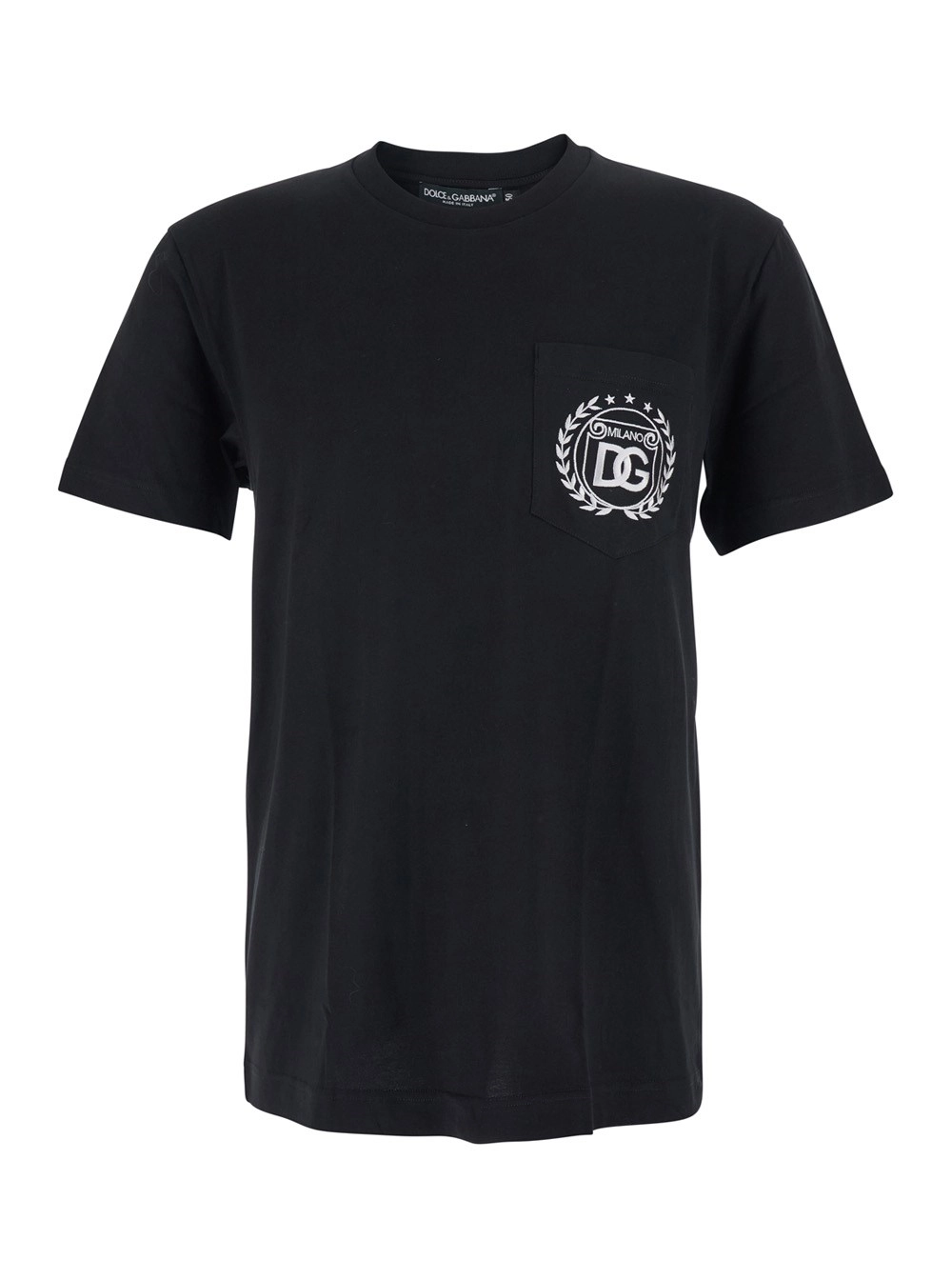 Dolce & Gabbana T-Shirt Girocollo con Ricamo Logo sul Fronte in Cotone Nera Uomo
