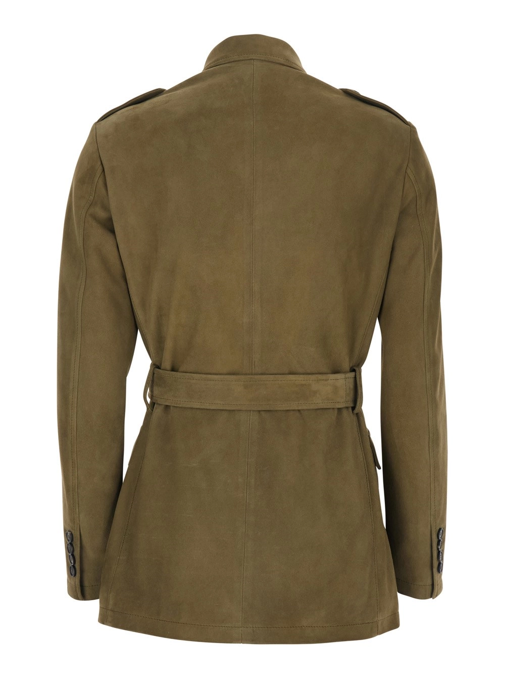 Tagliatore Giacca monopetto con colletto classico e cintura in vita in pelle verde donna, view 2