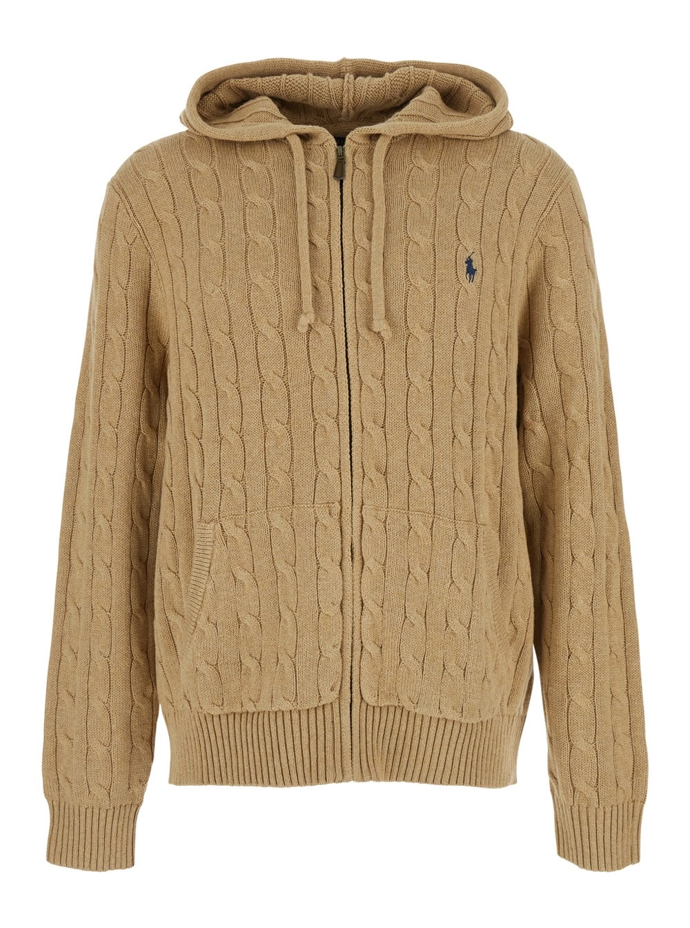 Polo Ralph Lauren Cardigan con Cappuccio con Coulisse e Patch Cavallino sul Fronte in Cotone Beige Uomo