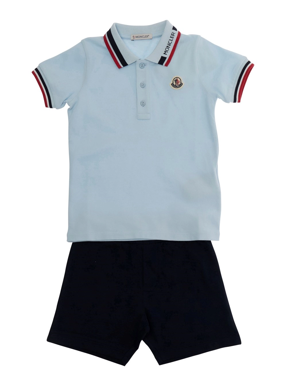 Moncler kids Completo polo e shorts con dettagli a righe con logo lettering e patch logo in cotone multicolor baby