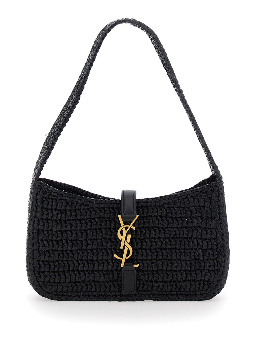 Saint Laurent Borsa a Spalla 'Le 5 a 7' Mini con Tracolla Singola e Placca Cassandre sul Fronte in Raffia Nera Donna
