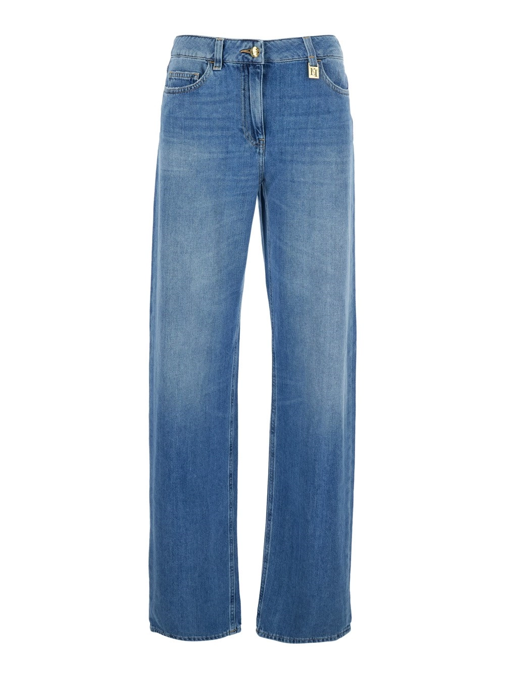 Elisabetta Franchi Jeans con Placca Logo sul Passante e Logo Lettering sul Retro in Denim Blu Donna