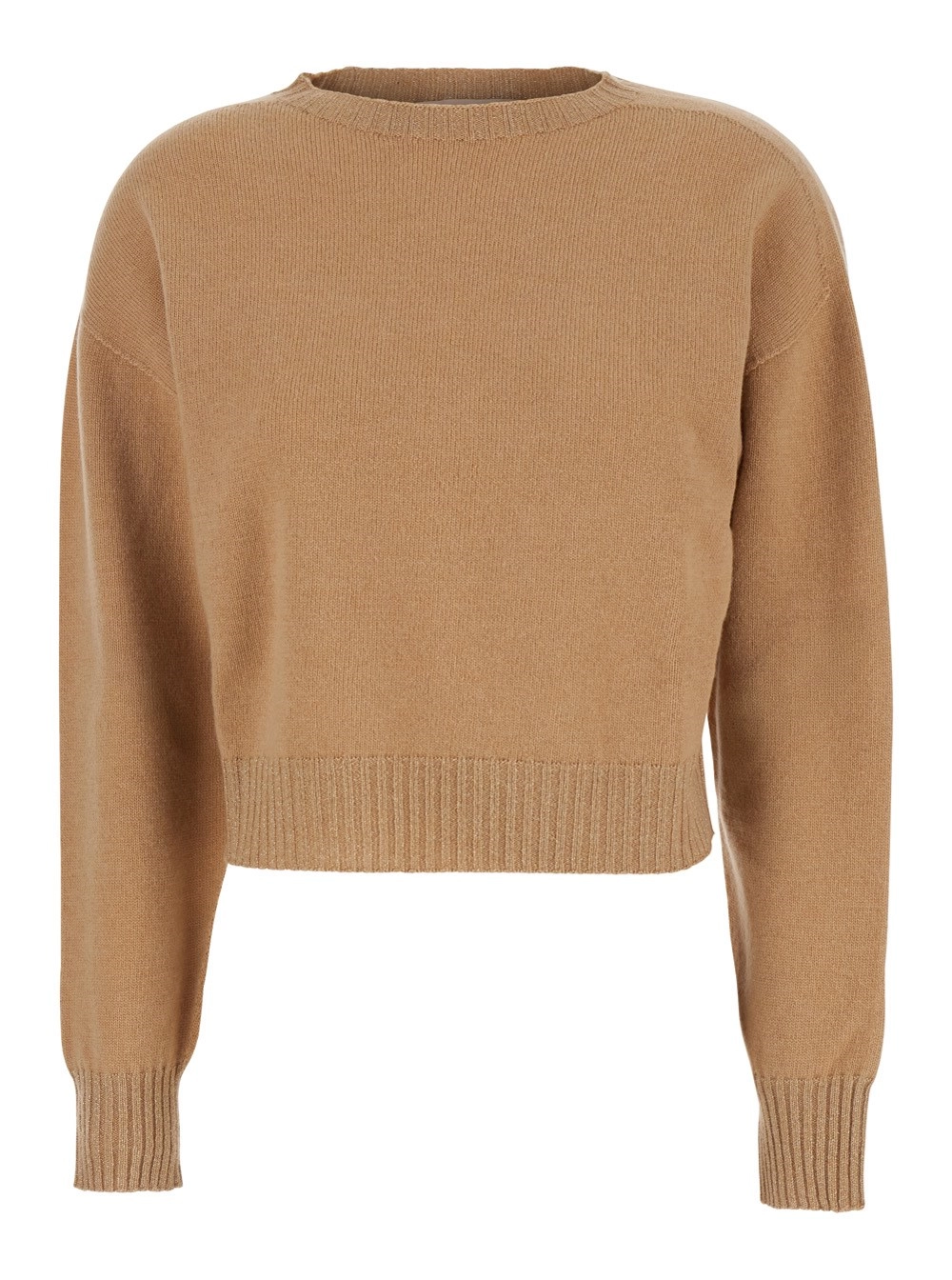 Twinset Maglione Girocollo con Spalle Scese e Dettagli a Coste in Lana Beige donna