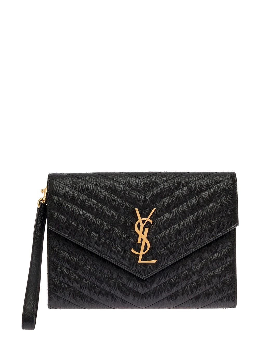 Saint Laurent Borsa a mano con logo frontale in metallo e metalleria color oro in pelle grain de poudre nera donna