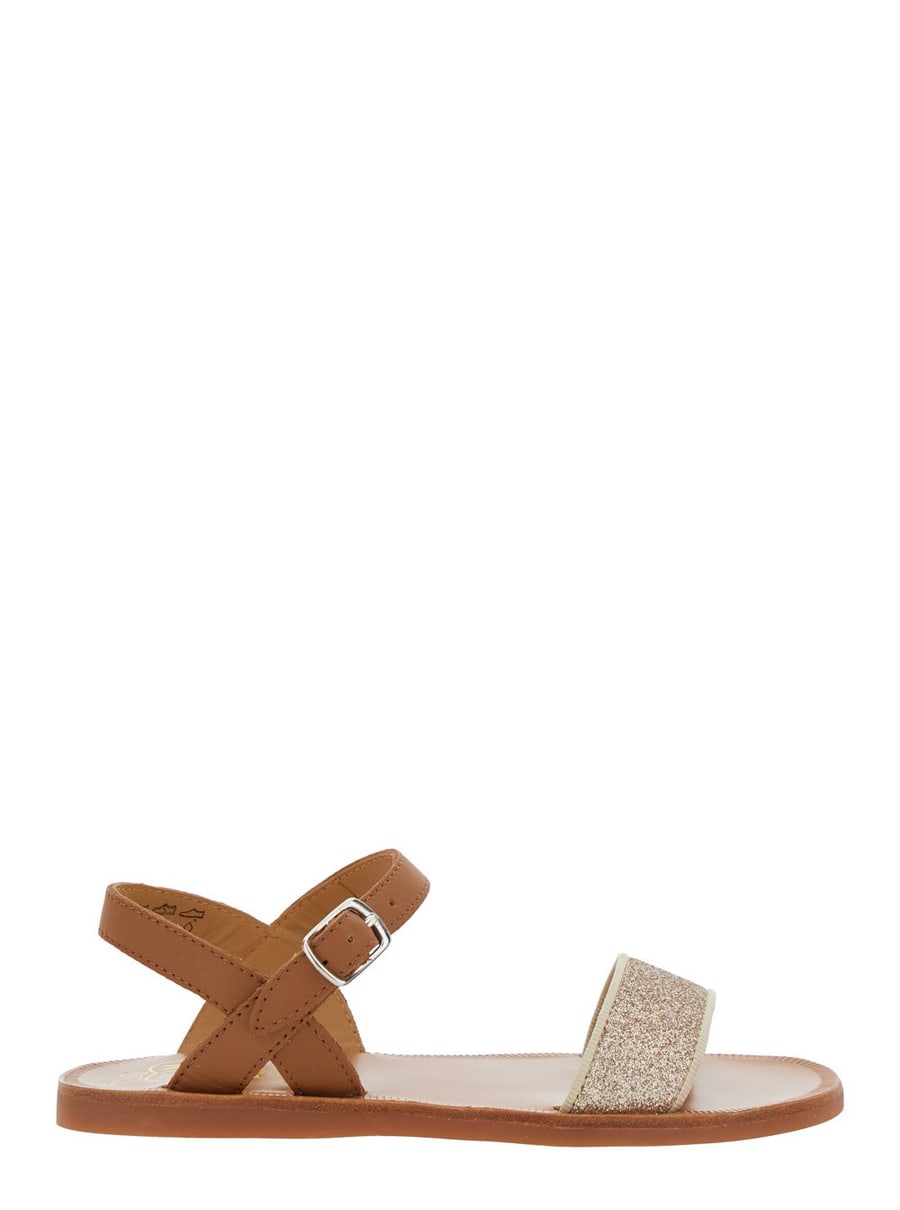 Pom d'api kids Sandali 'Plagette' con Punta Aperta e Dettaglio con Glitter in Pelle Marroni Bambina
