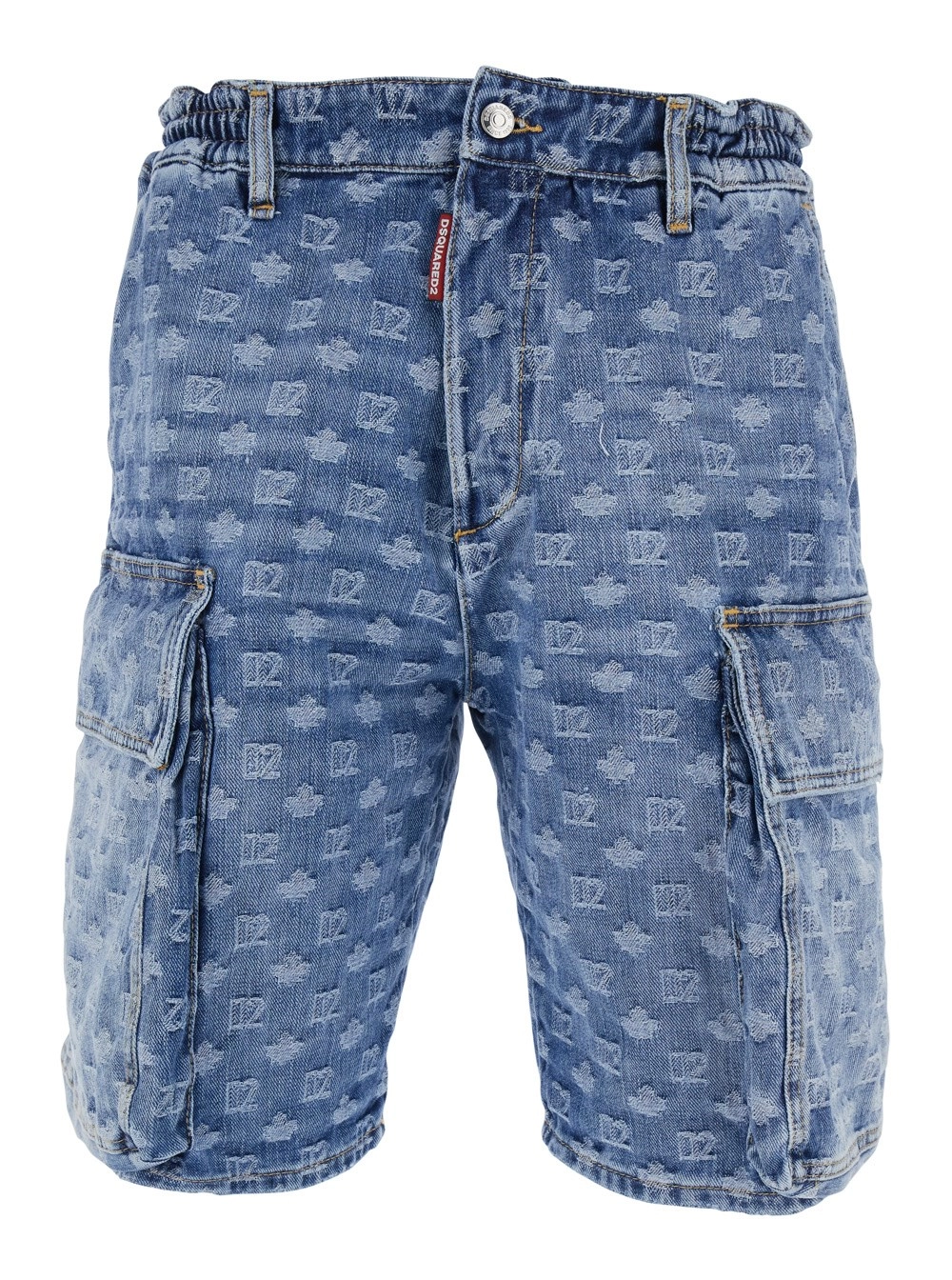 Dsquared2 Bermuda a cinque con logo monogram all-over e due tasche cargo in denim blu uomo