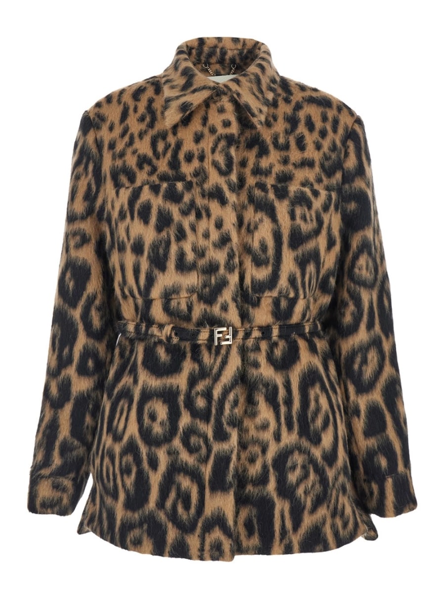 Fendi Giubbotto con Cintura con Fibbia FF sul Fronte e Motivo Animalier All-Over in Misto Lana Multicolor Donna
