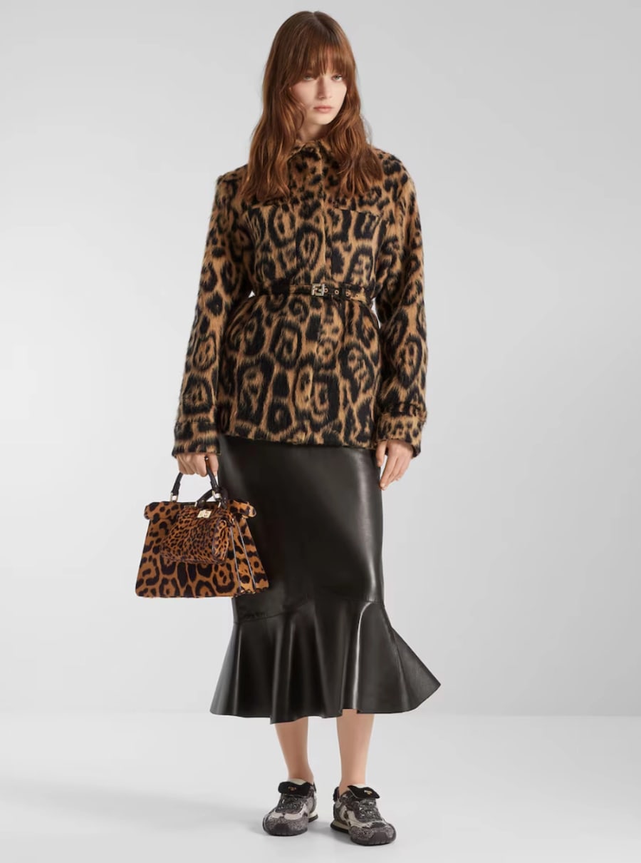 Fendi Giubbotto con Cintura con Fibbia FF sul Fronte e Motivo Animalier All-Over in Misto Lana Multicolor Donna, view 4