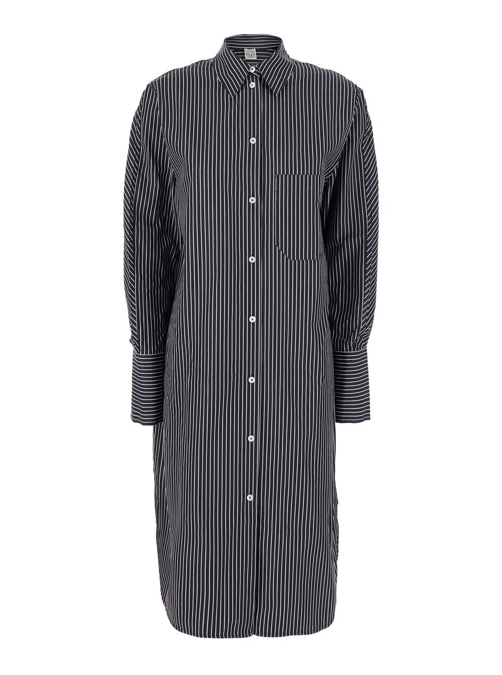Toteme Abito con Colletto Classico e Motivo a Righe All-Over in Cotone Bianco e Nero Donna