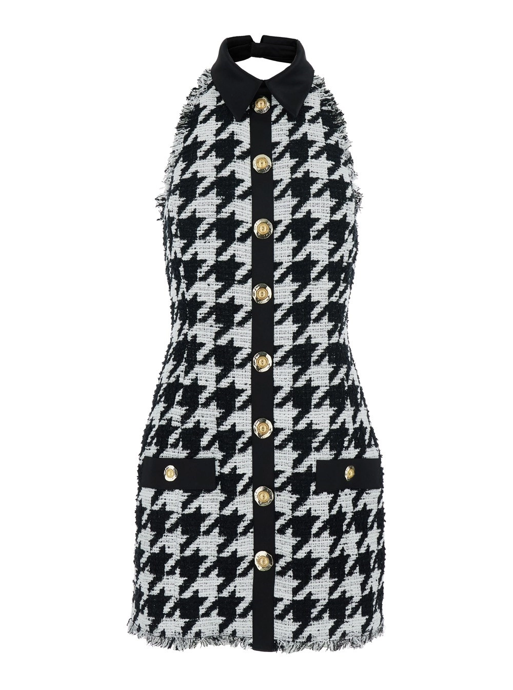 Balmain Abito Mini con Scollo all'Americana e Motivo Pied-de-Poule in Tweed e Raso Bianco e Nero Donna