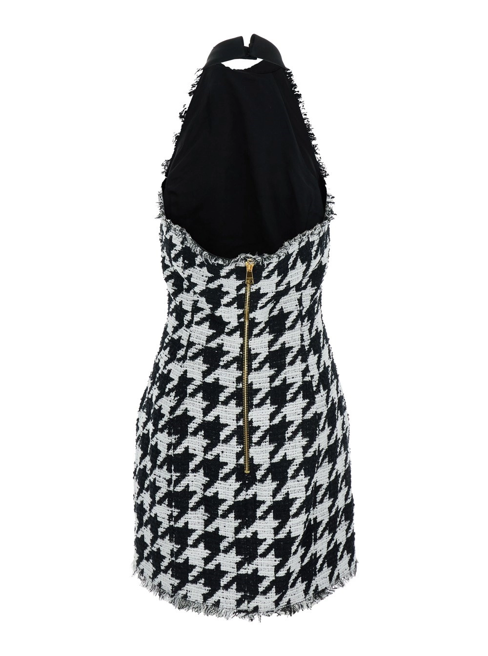 Balmain Abito Mini con Scollo all'Americana e Motivo Pied-de-Poule in Tweed e Raso Bianco e Nero Donna, view 2