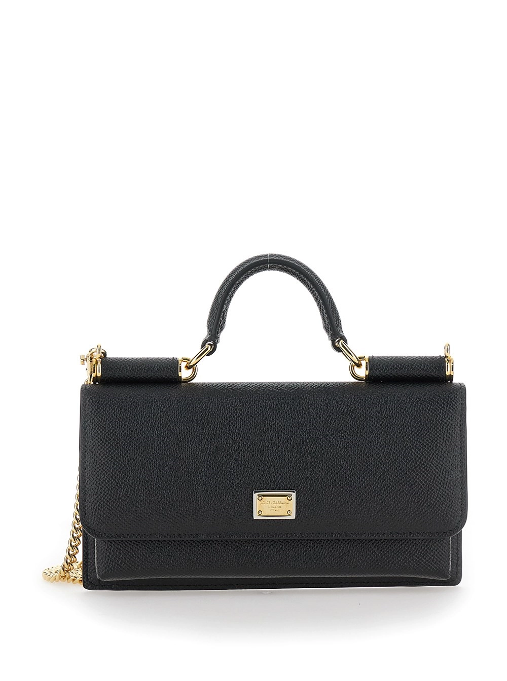 Dolce & Gabbana Borsa a Tracolla con Placca Logo in Pelle Martellata Nera Donna