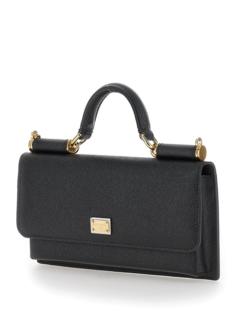 Dolce & Gabbana Borsa a Tracolla con Placca Logo in Pelle Martellata Nera Donna, view 2
