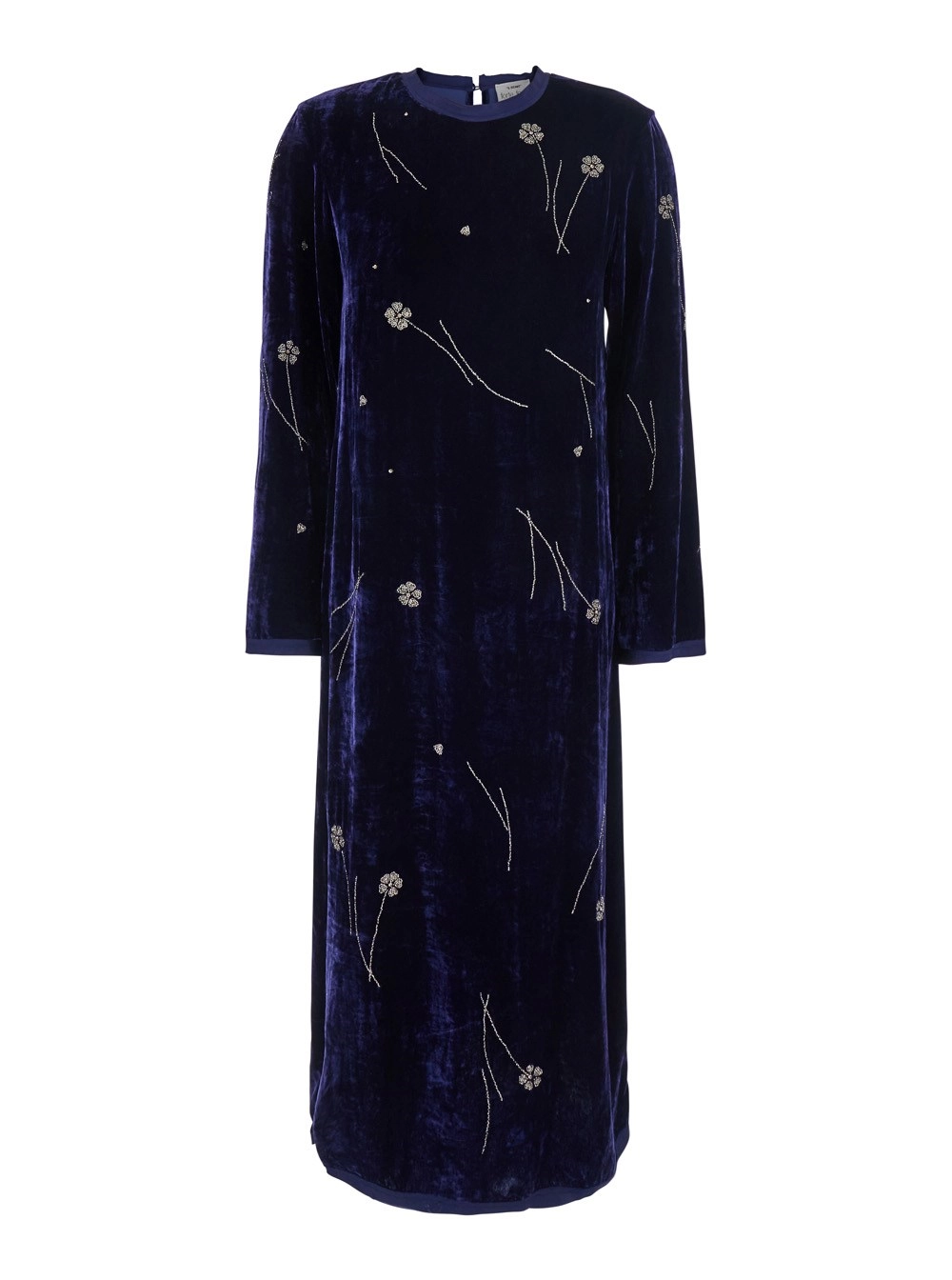 Forte_Forte Abito Lungo 'Fleurs D'Orient' girocollo con ricamo floreale all-over in velluto blu donna