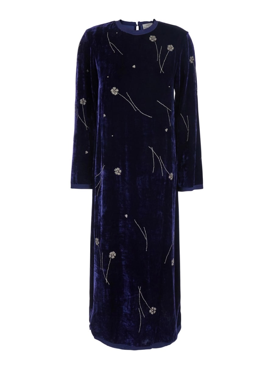 Forte_Forte Abito Lungo 'Fleurs D'Orient' girocollo con ricamo floreale all-over in velluto blu donna