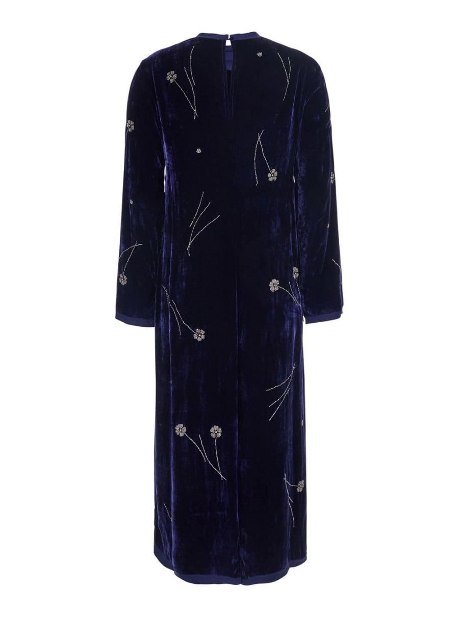 Forte_Forte Abito Lungo 'Fleurs D'Orient' girocollo con ricamo floreale all-over in velluto blu donna, view 2