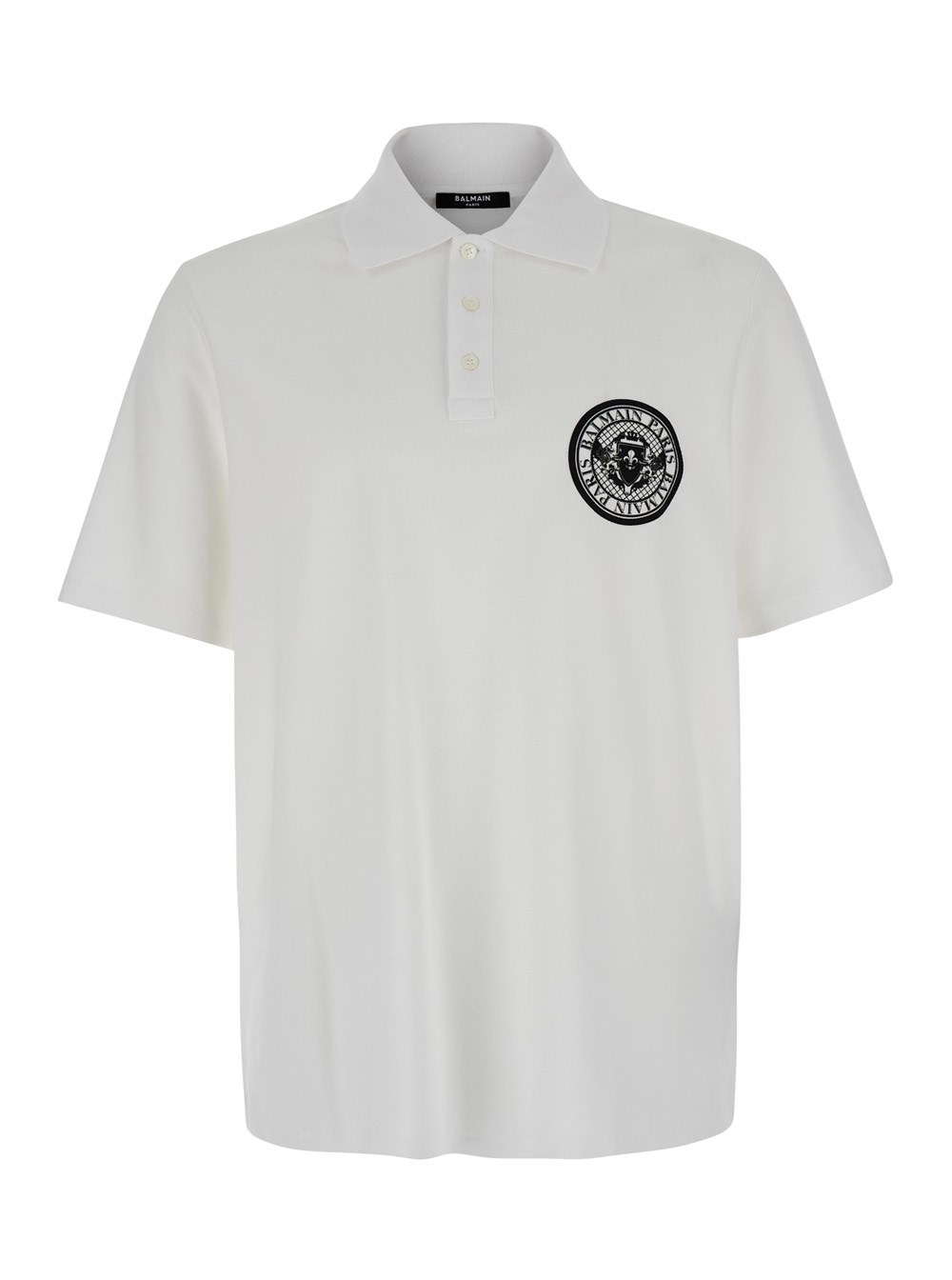 Balmain Polo con Colletto e Stampa Coin sul Fronte in Cotone Bianca Uomo