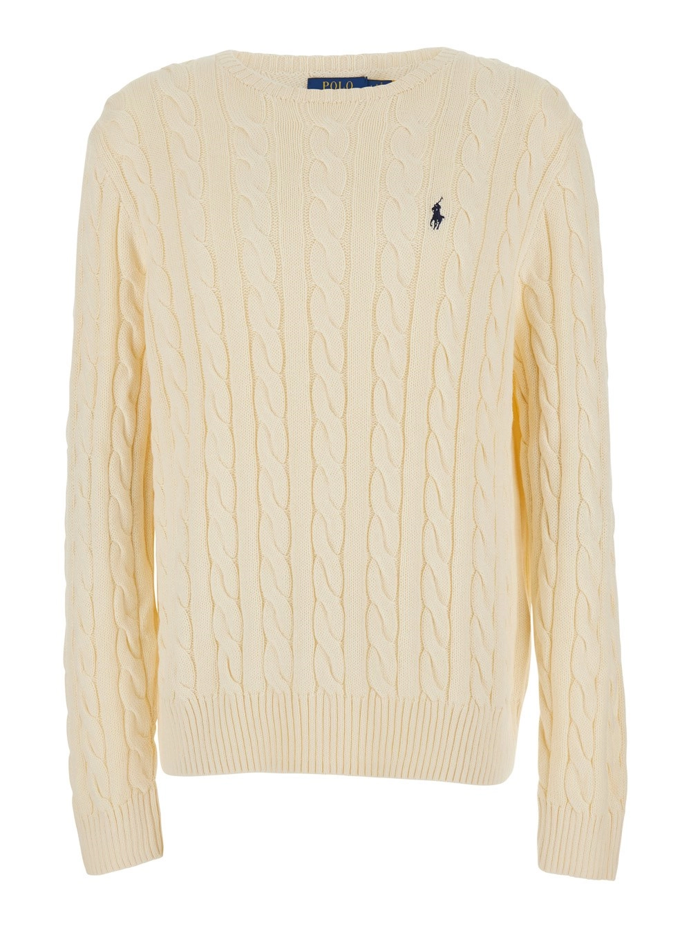 Polo Ralph Lauren Maglione girocollo con lavorazione a treccia e ricamo Cavallino sul fronte in cotone bianco uomo