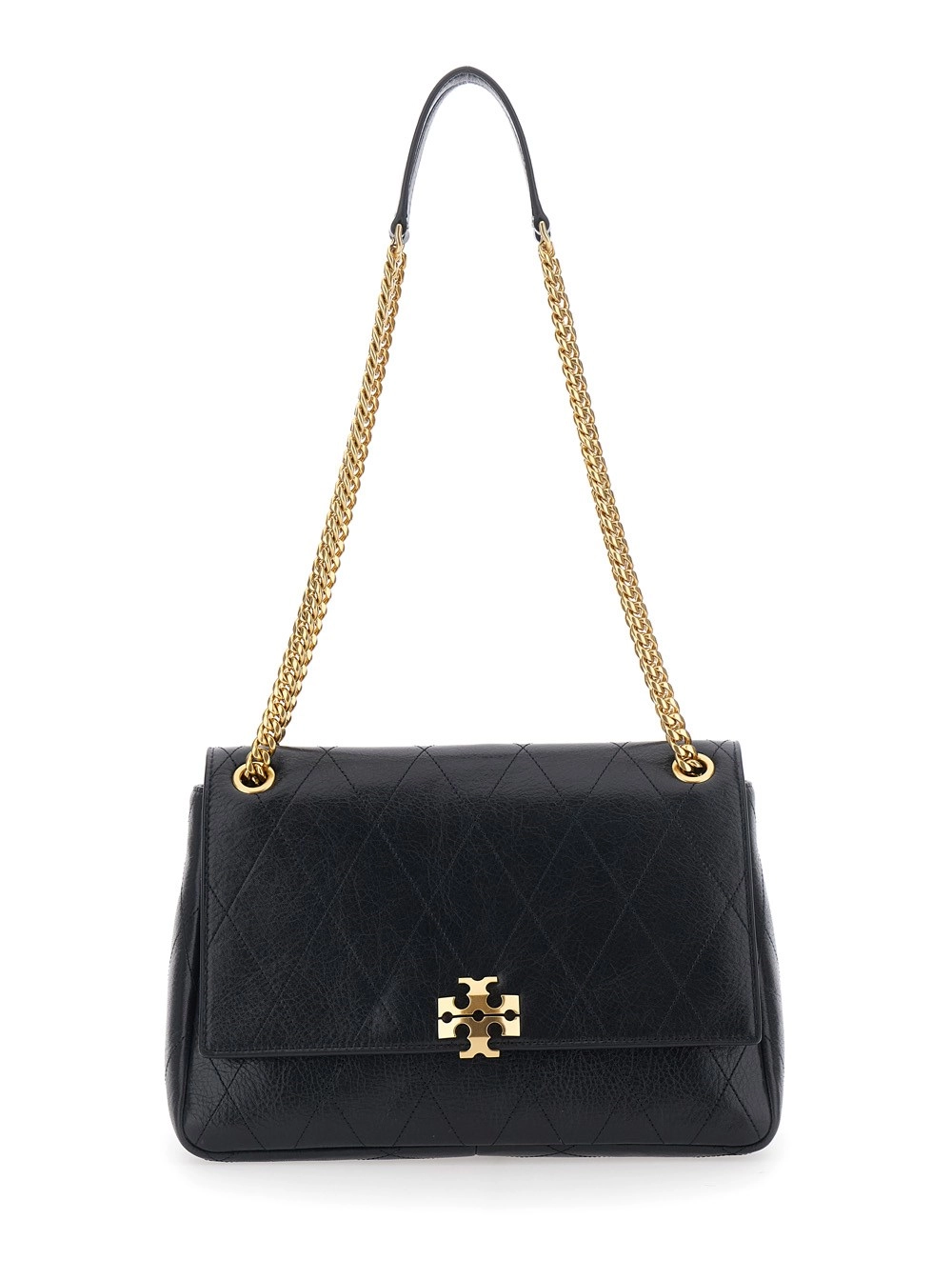Tory Burch Borsa a tracolla 'Charlie' con tracolla con catena e placca logo sul fronte in pelle trapuntata nera donna