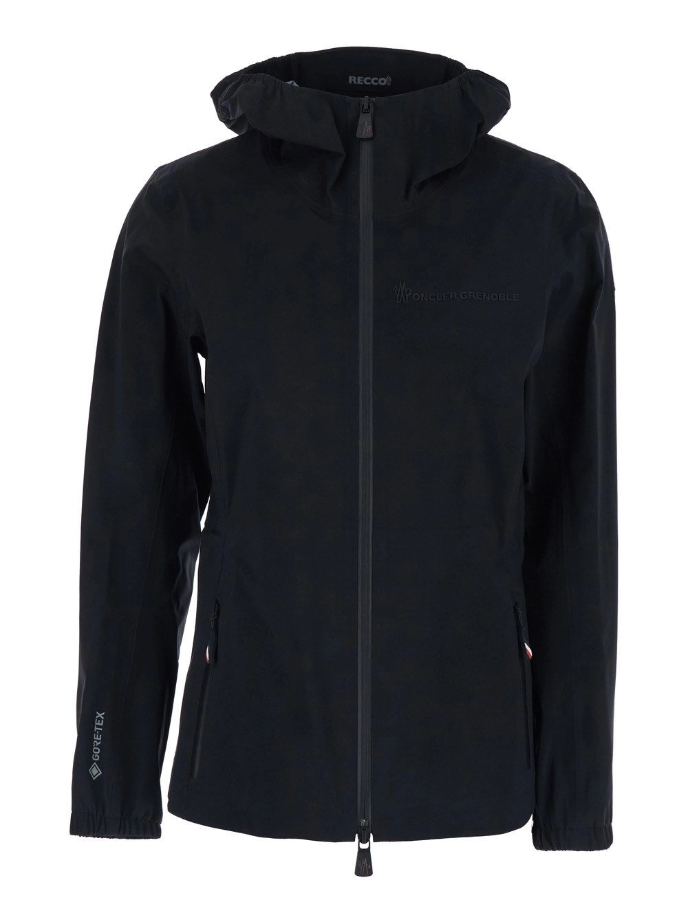 Moncler grenoble Giubbotto 'Valles' con Capuccio e Logo Lettering sul Fronte in Tessuto Tecnico Nero Donna