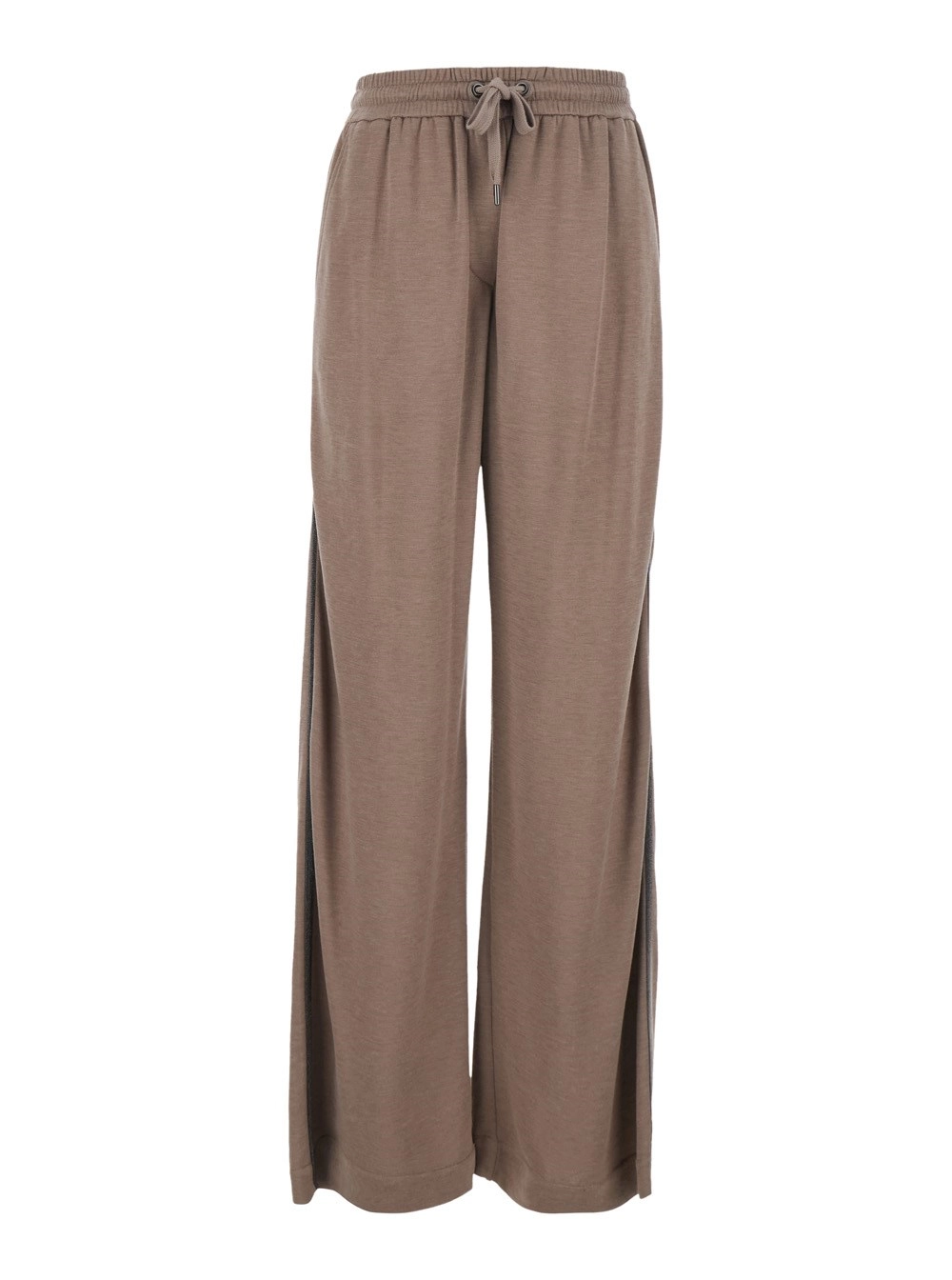 Brunello Cucinelli Pantaloni con vita elasticizzata con coulisse e dettaglio Monile sul lato in misto cotone e seta marroni donna