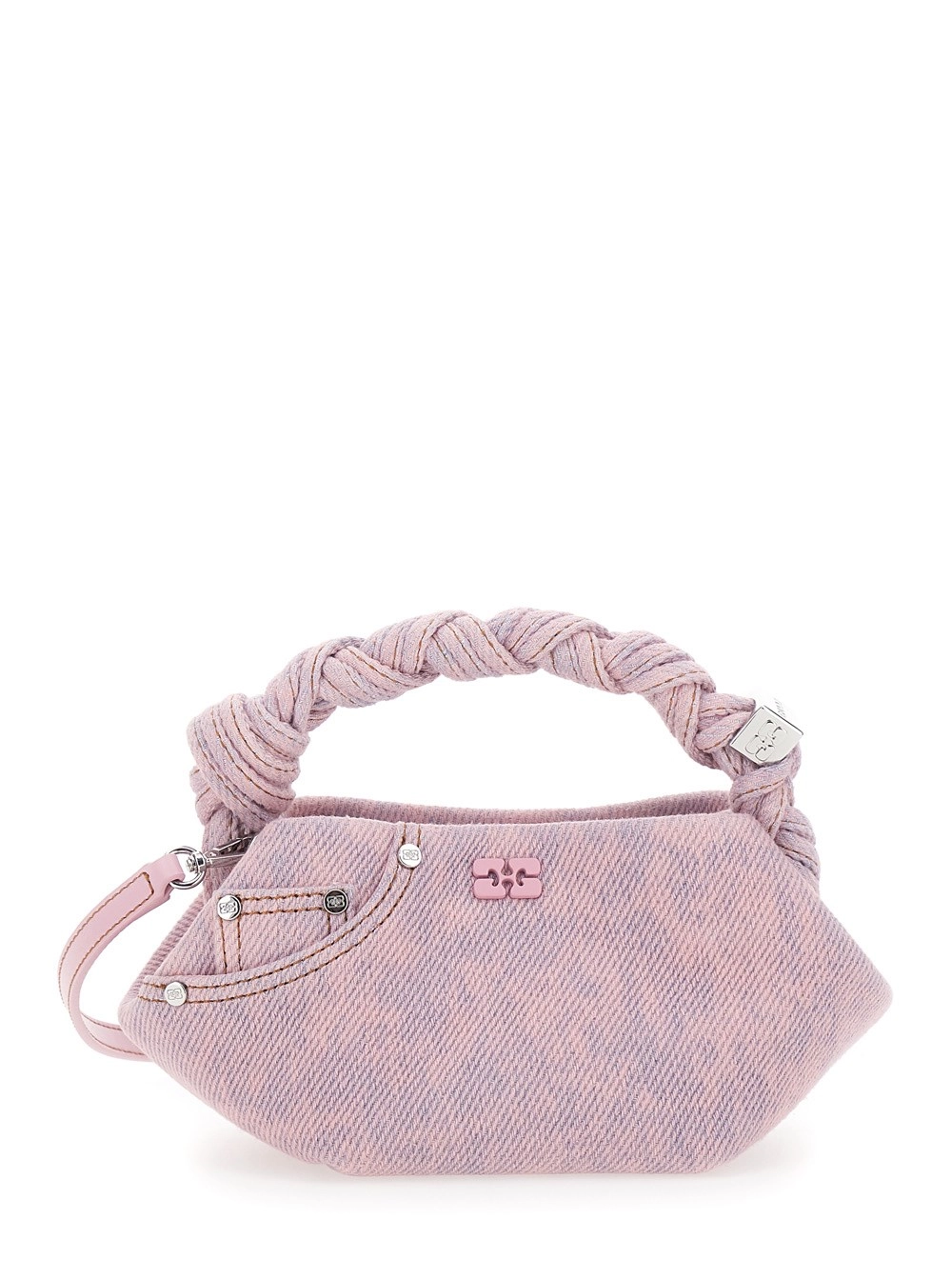 Ganni Borsa a Mano 'Bou Mini' con Manico Intrecciato e Tracolla Regolabile e Removibile in Denim Rosa Donna
