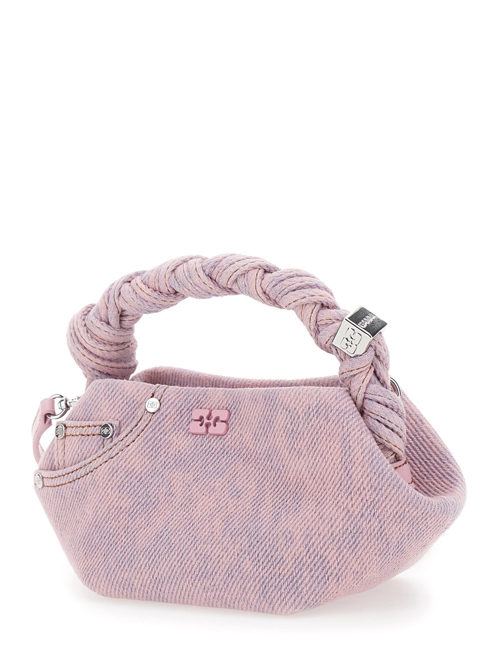 Ganni Borsa a Mano 'Bou Mini' con Manico Intrecciato e Tracolla Regolabile e Removibile in Denim Rosa Donna, view 2