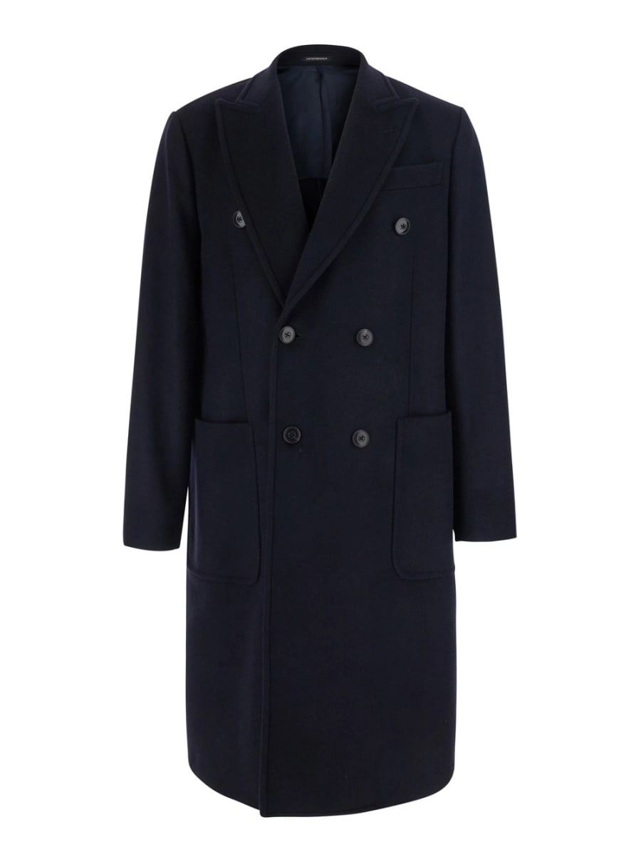 Emporio Armani Cappotto doppiopetto con revers a lancia in lana e cashmere blu uomo