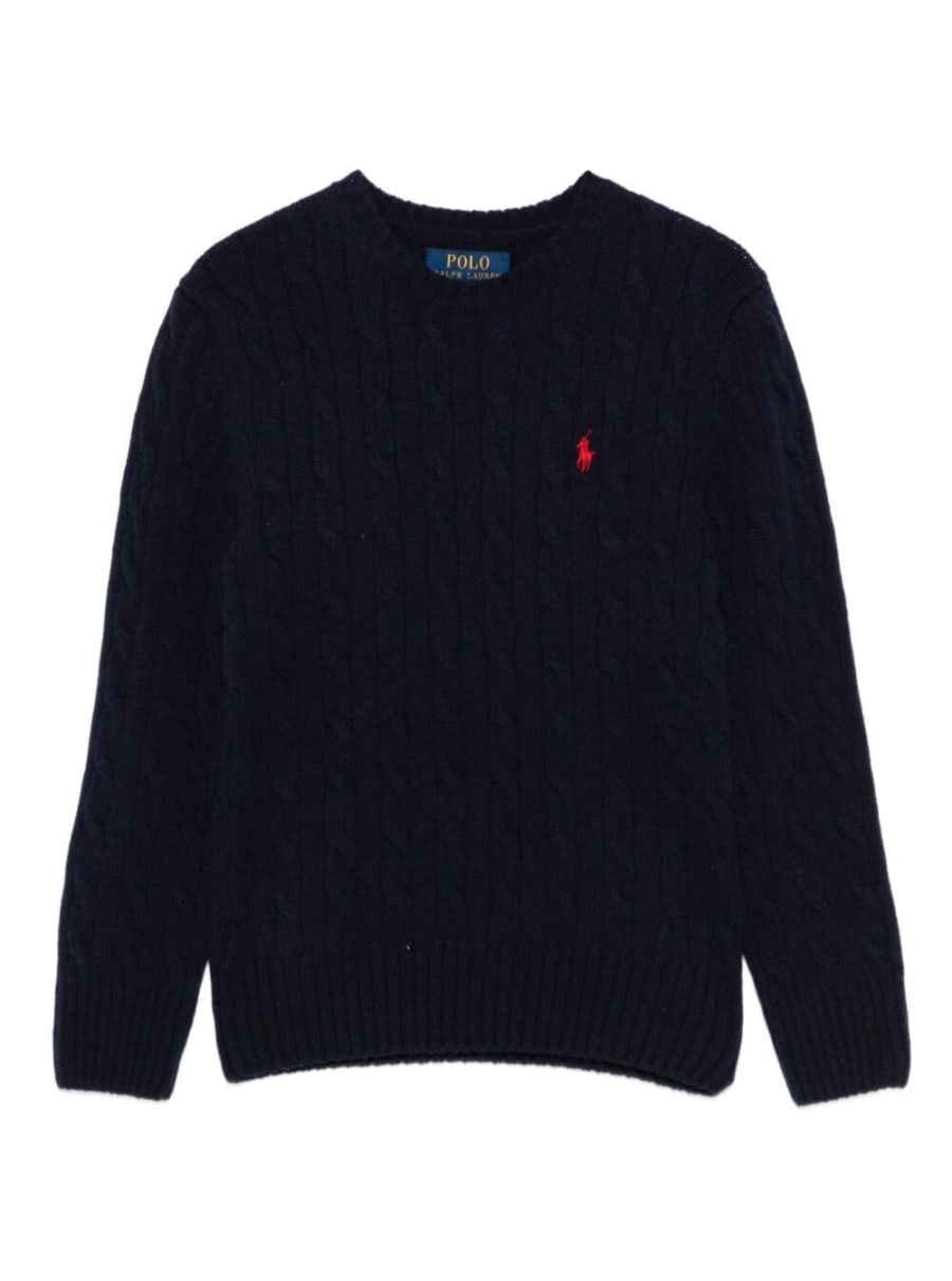 Polo ralph lauren kids Maglione con Scollo Rotondo e Ricamo Cavallino sul Fronte in Lana e Cashmere Blu Bambino