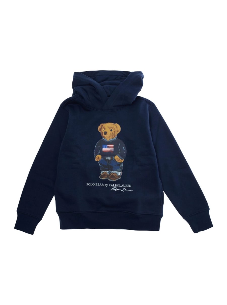 Polo ralph lauren kids Felpa con Cappuccio Fisso e Stampa Polo Bear sul Fronte in Misto Cotone Blu Bambino