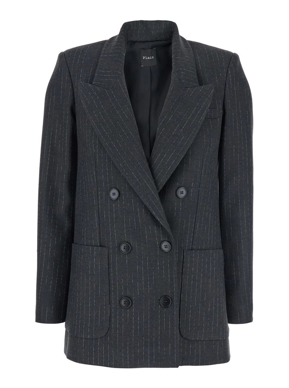 Leplain Giacca Doppiopetto con Revers a Lancia e Motivo a Righe All-Over in Misto Lana Grigia Donna