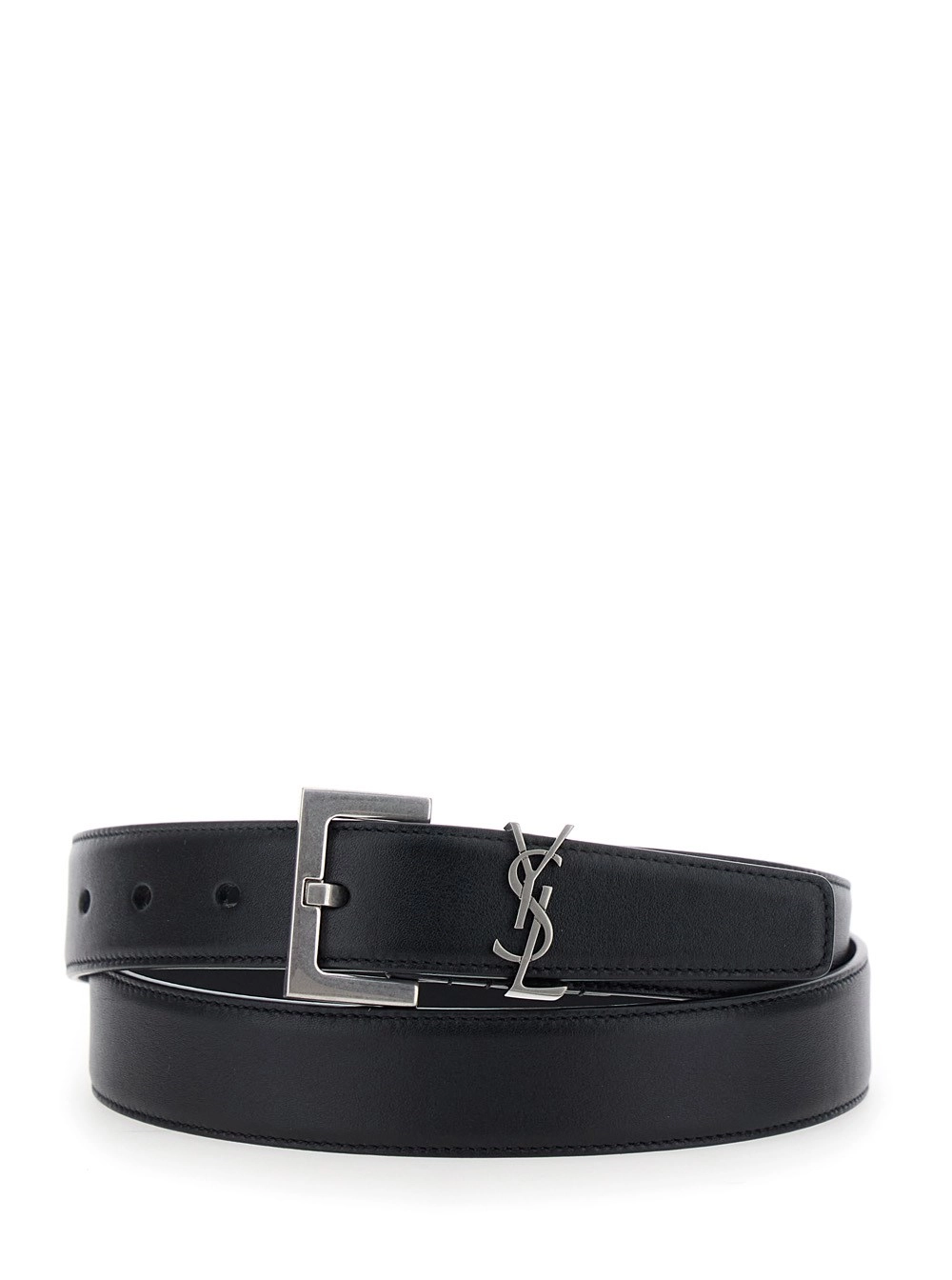 Saint Laurent Cintura con Placca Cassandre sul Fronte e Fibbia Quadrata in Pelle Nera Donna
