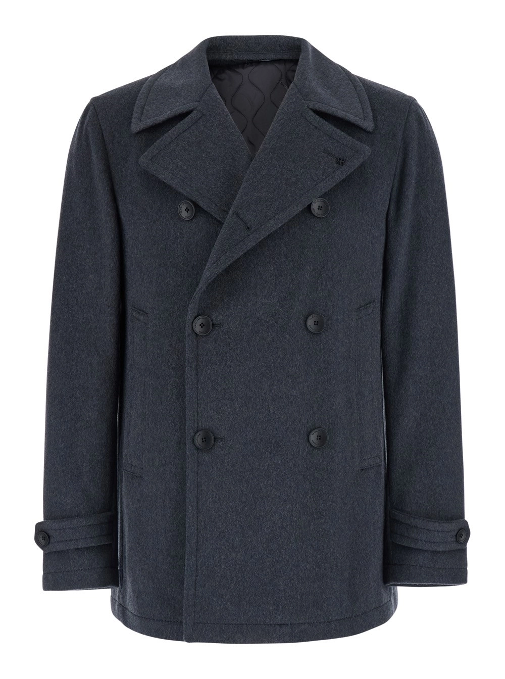 Tagliatore Cappotto Grigio con Collo a Revers e Chiusura Frontale a Bottoni in Lana Uomo