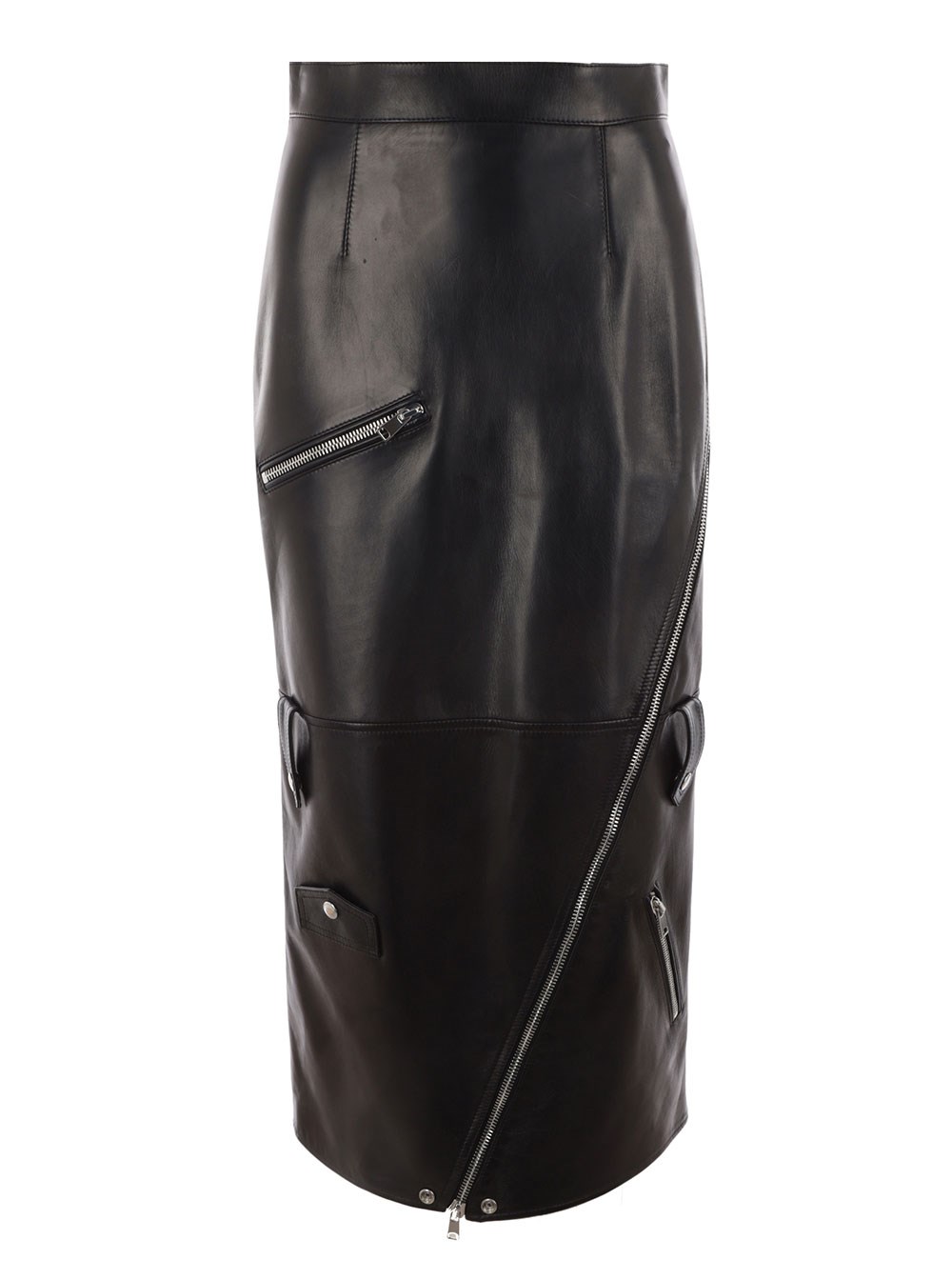 Alexander McQueen Gonna Lunga con Decorazione con Zip in Pelle Liscia Nera Donna