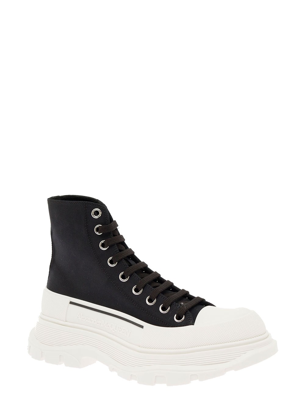 Alexander McQueen Sneaker 'Tread Slick' High Top con Suola Oversize in Cotone Nero Donna, view 2