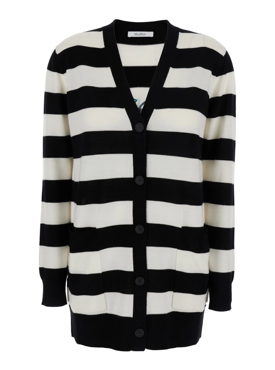 Max Mara Cardigan 'Fiemme' con Ricamo sul Retro e Motivo a Righe All-Over in Lana Bianco e Nero Donna