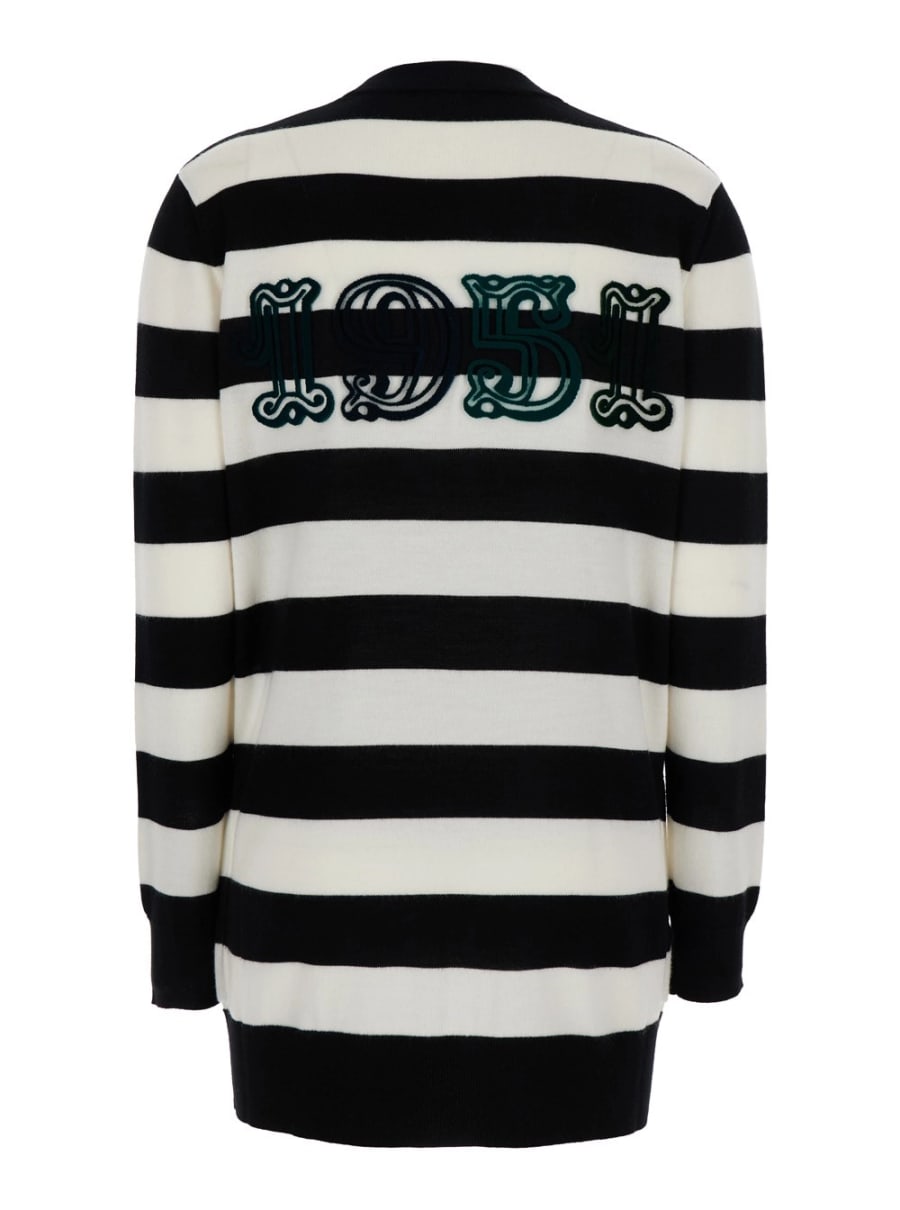 Max Mara Cardigan 'Fiemme' con Ricamo sul Retro e Motivo a Righe All-Over in Lana Bianco e Nero Donna, view 2