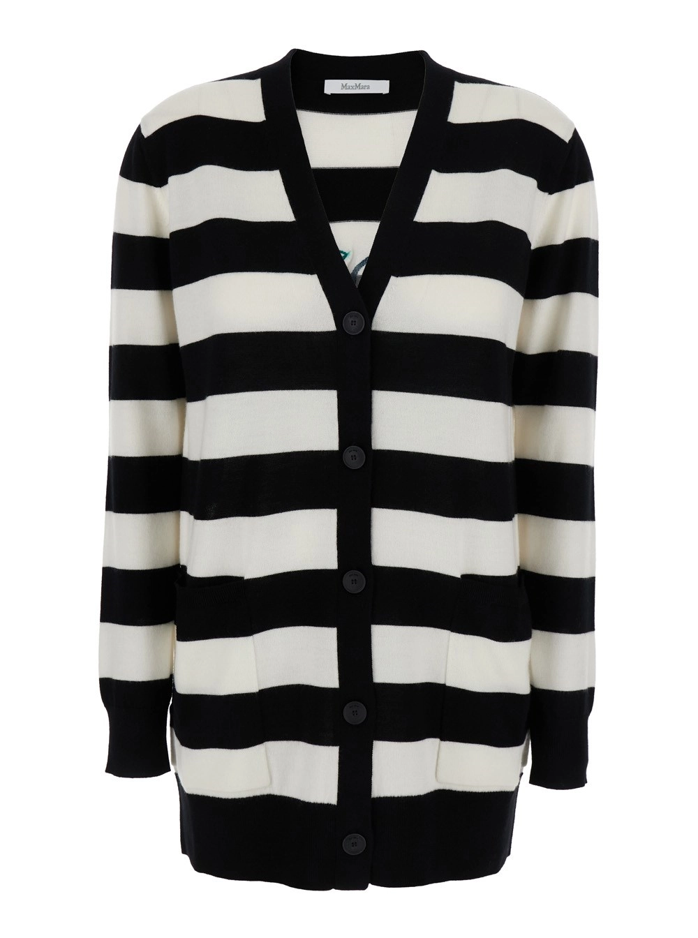 Max Mara Cardigan 'Fiemme' con Ricamo sul Retro e Motivo a Righe All-Over in Lana Bianco e Nero Donna