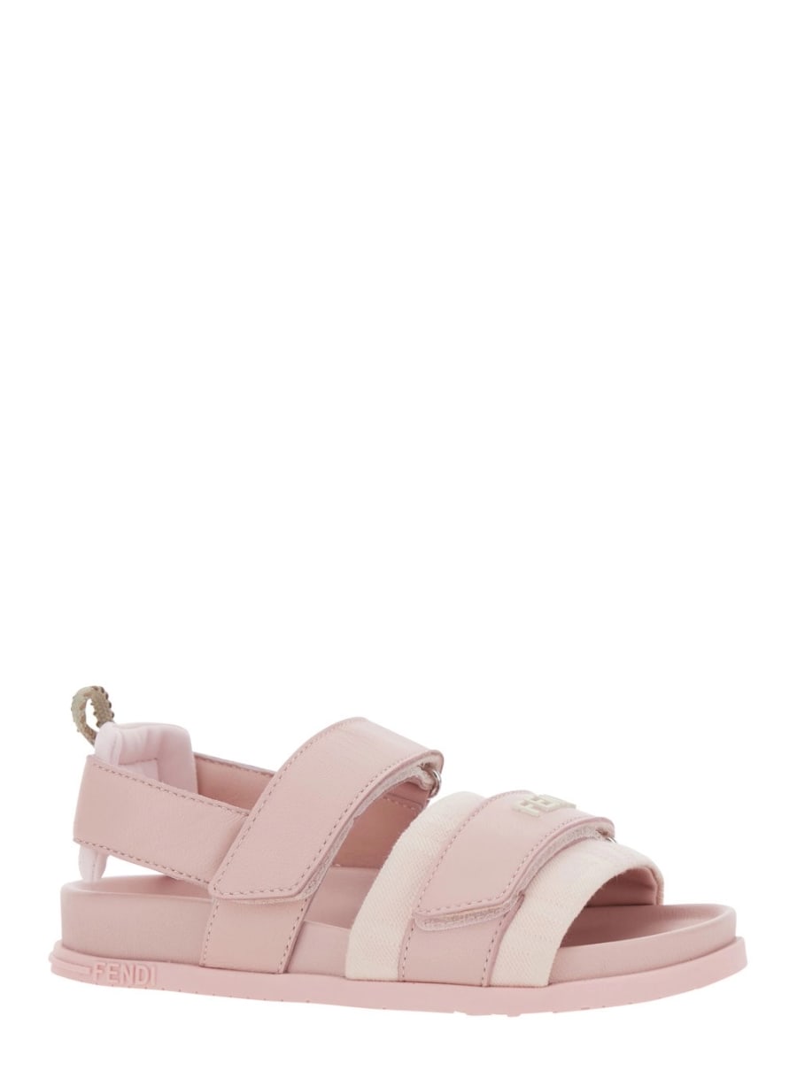 Fendi kids Sandali con chiusura a strappo e patch logo sul fronte in pelle rosa bambina, view 2