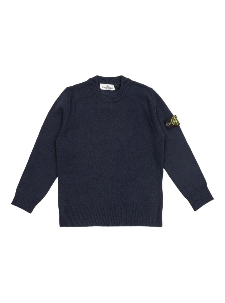 Stone island kids Maglione Girocollo con Patch Logo sulla Manica e RIfiniture a Coste in Misto Lana e Cashmere Blu Bambino