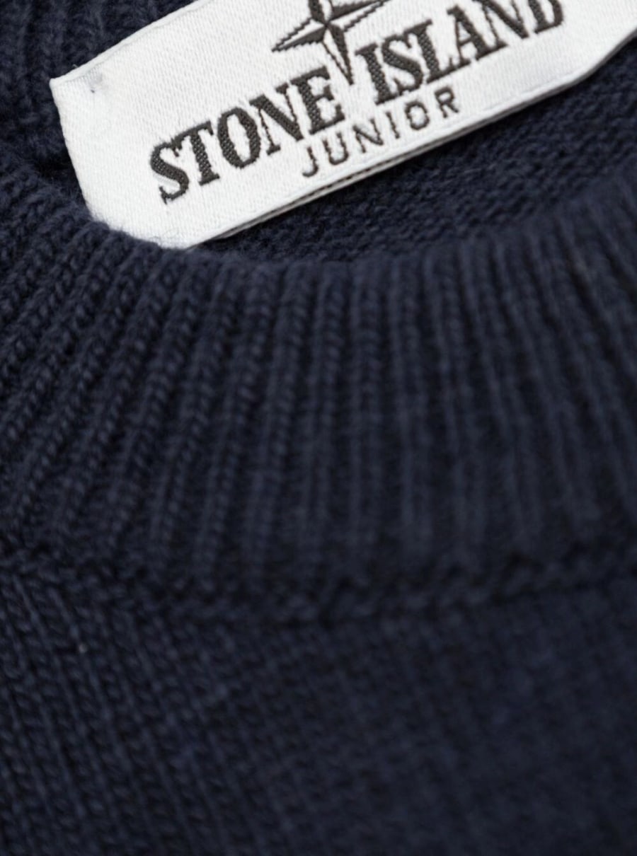 Stone island kids Maglione Girocollo con Patch Logo sulla Manica e RIfiniture a Coste in Misto Lana e Cashmere Blu Bambino, view 2