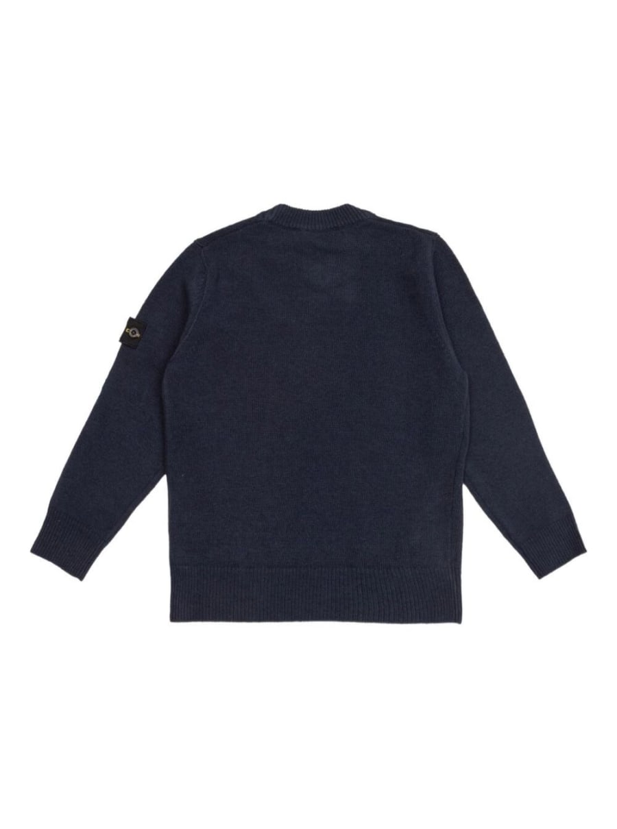 Stone island kids Maglione Girocollo con Patch Logo sulla Manica e RIfiniture a Coste in Misto Lana e Cashmere Blu Bambino, view 3